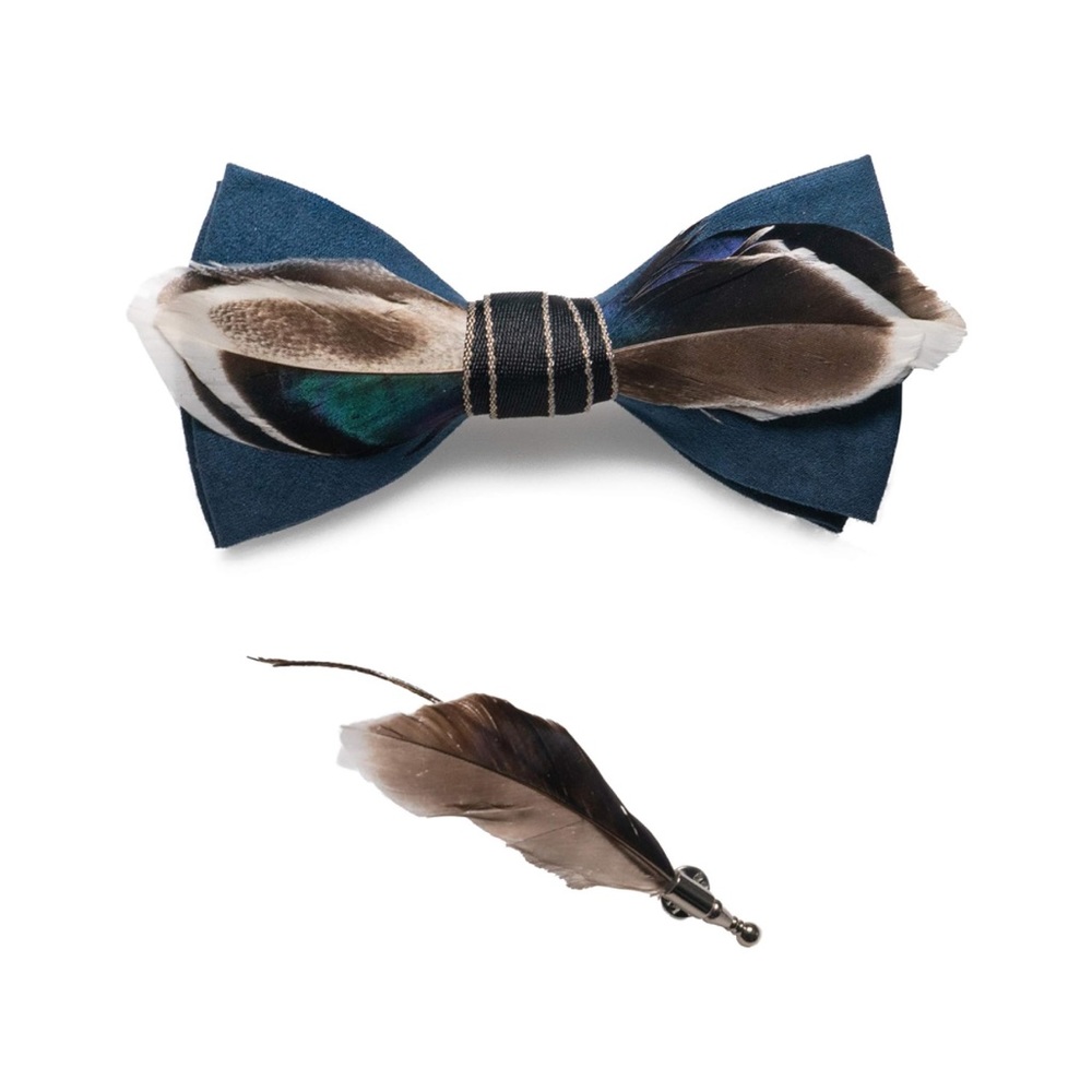 Men’s Feather Pre Tied Bow Tie and Matching Lapel Pin Gift Box Set Brown Blue